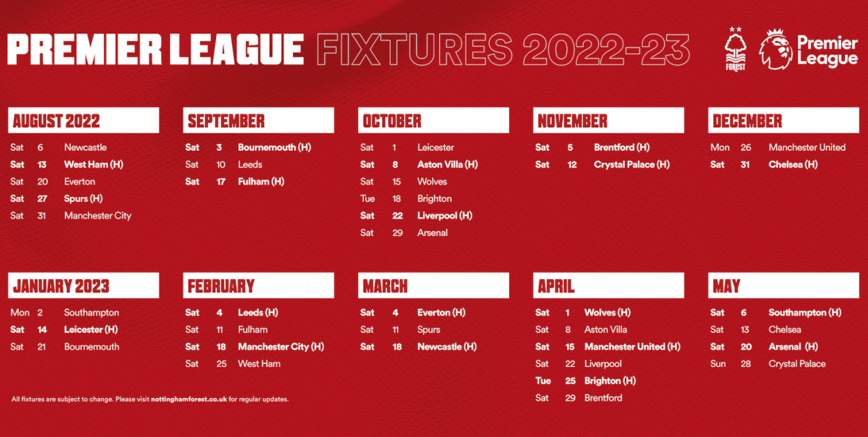 Nottingham Forest Fixtures Announced the Nottingham Sport